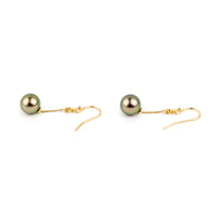Golden Pink Green Tahitian Pearl Chain Dangle Earrings on 14K Yellow Gold