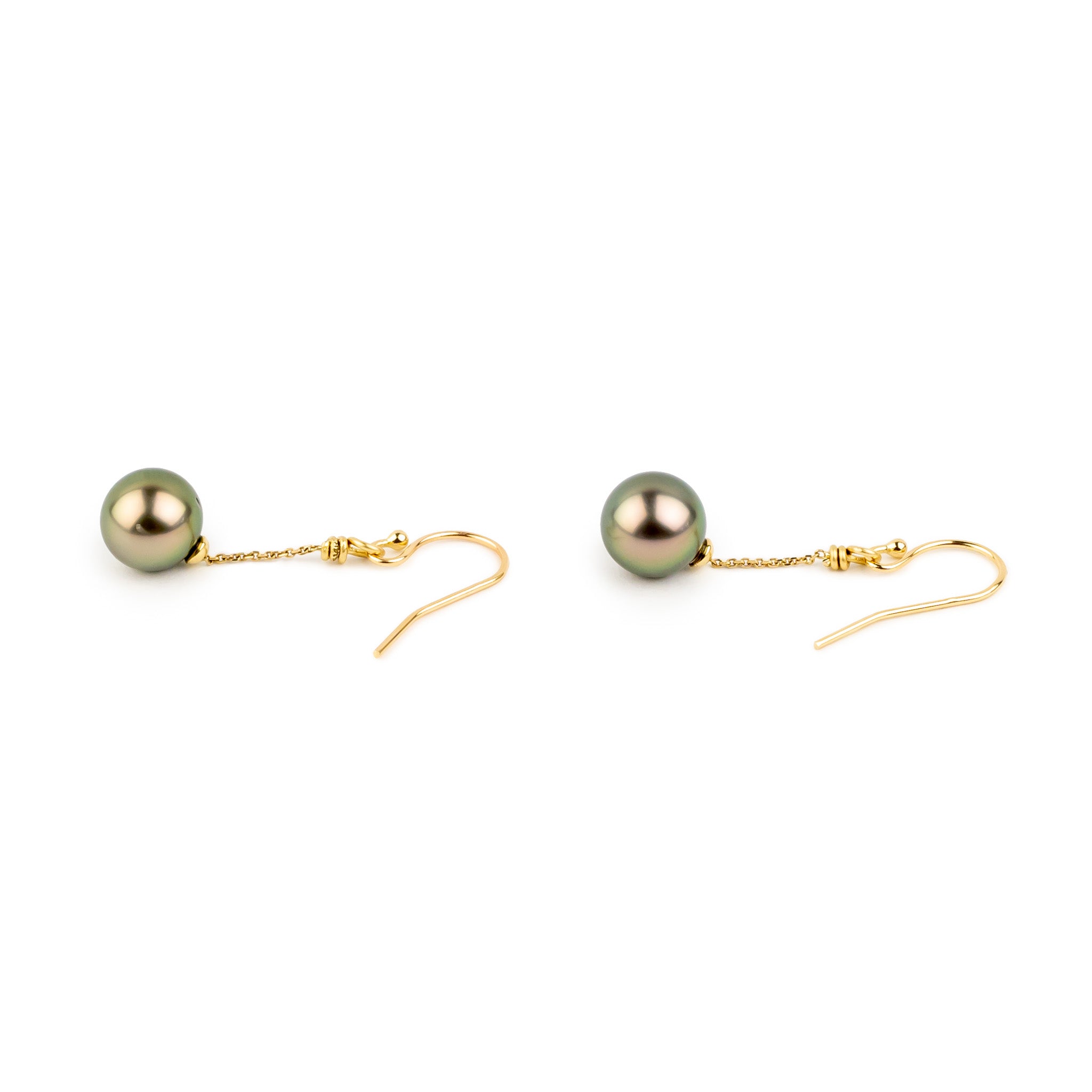 Golden Pink Green Tahitian Pearl Chain Dangle Earrings on 14K Yellow Gold