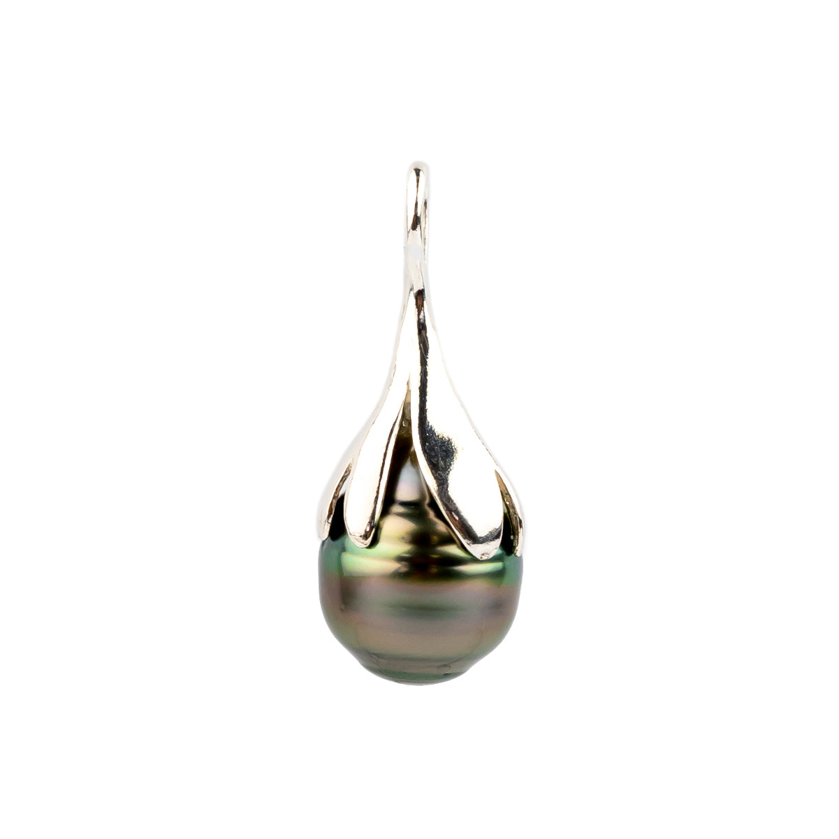 Deep Pink Green 9mm Circled Drop Tahitian Pearl Pendant on Sterling Silver
