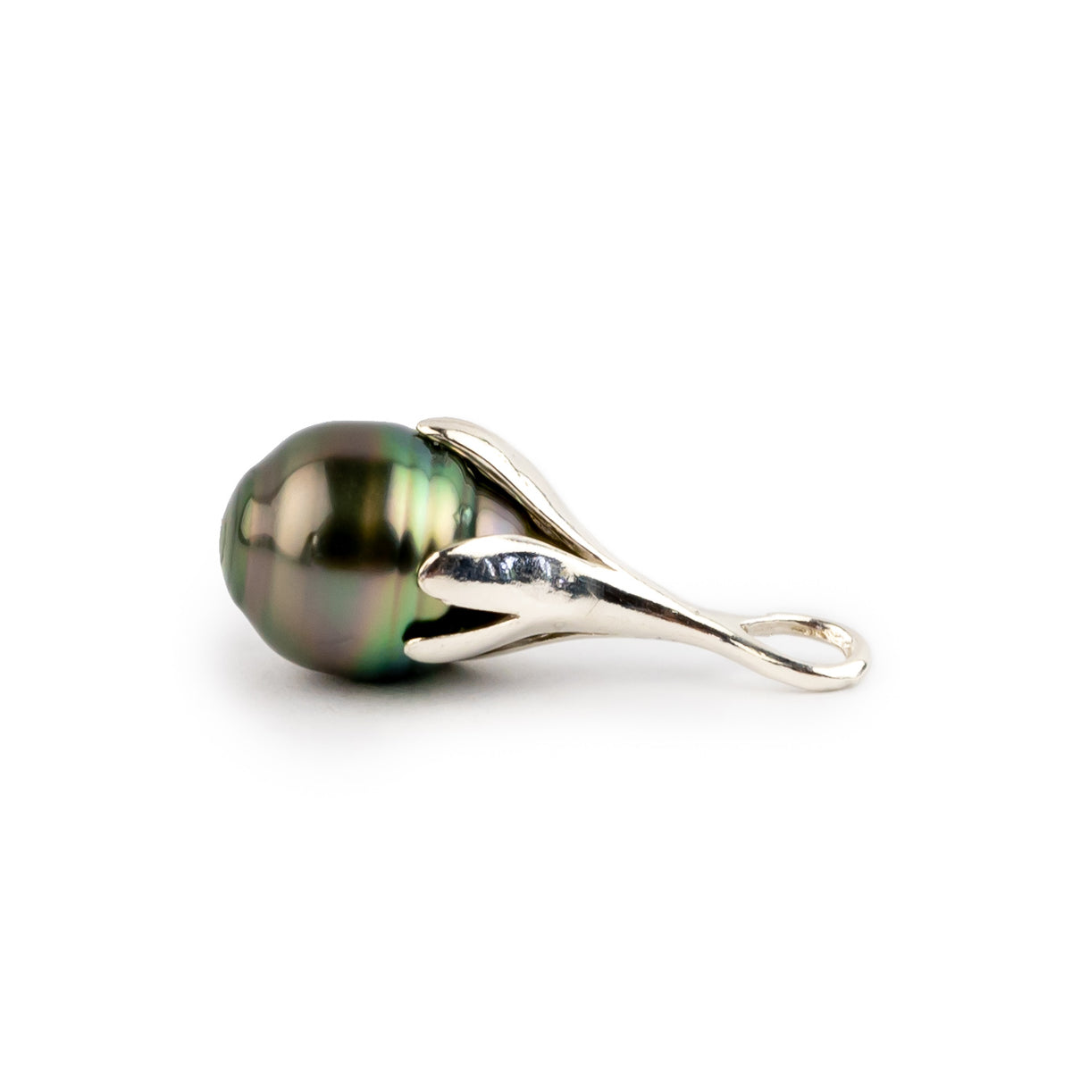 Deep Pink Green 9mm Circled Drop Tahitian Pearl Pendant on Sterling Silver