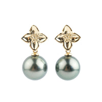 Peacock Green 11.2mm Tahitian Pearl Plumeria Dangle Earrings