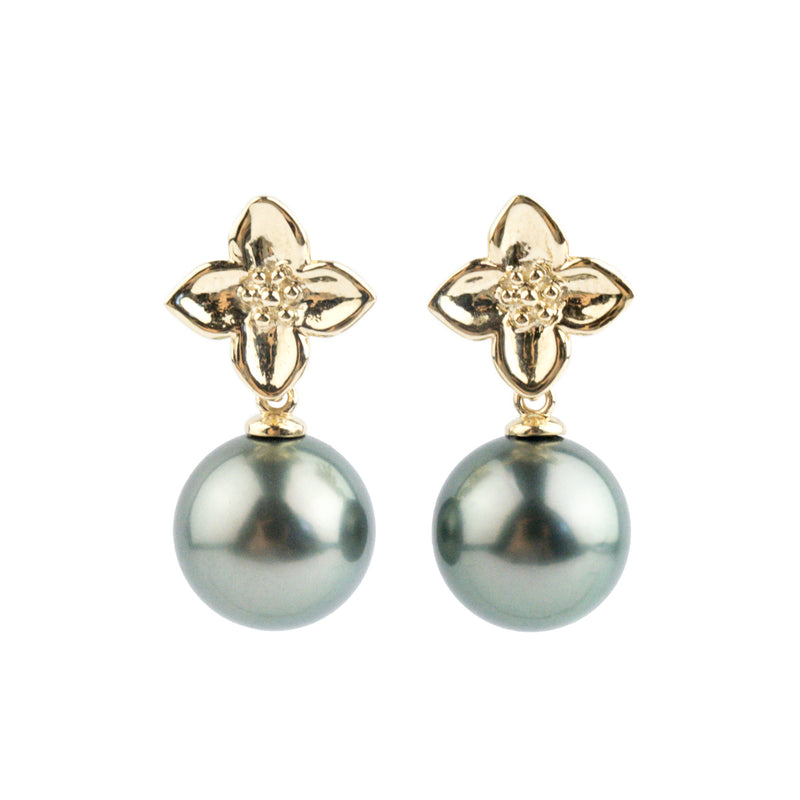 Peacock Green 11.2mm Tahitian Pearl Plumeria Dangle Earrings
