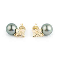 Peacock Green 11.2mm Tahitian Pearl Plumeria Dangle Earrings