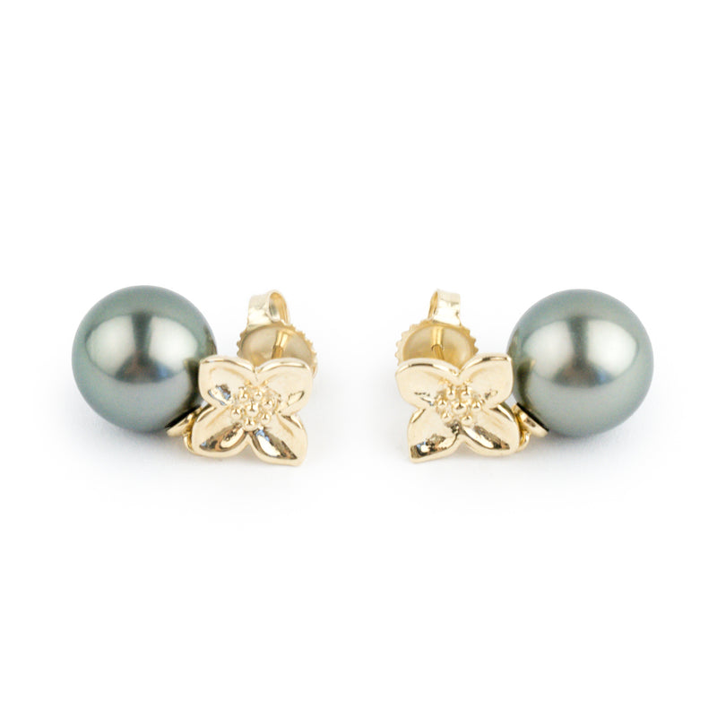 Peacock Green 11.2mm Tahitian Pearl Plumeria Dangle Earrings