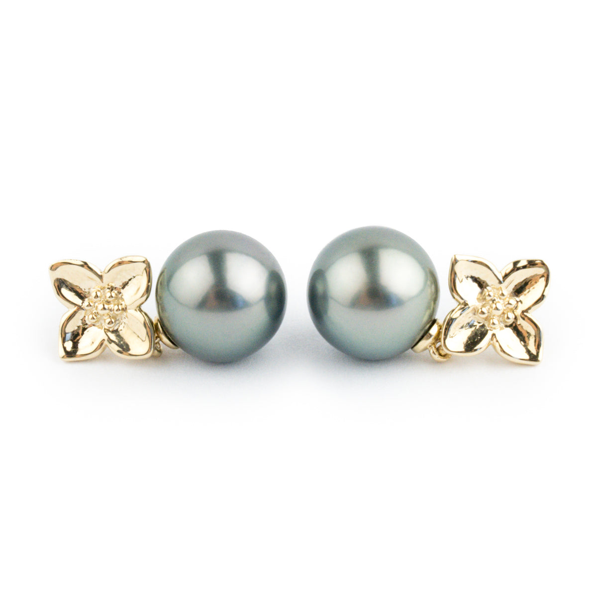 Peacock Green 11.2mm Tahitian Pearl Plumeria Dangle Earrings
