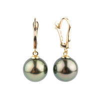 Golden Peacock Green 10.3mm Tahitian Pearl Lever Back Earrings