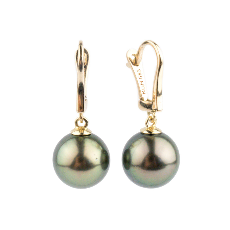 Golden Peacock Green 10.3mm Tahitian Pearl Lever Back Earrings