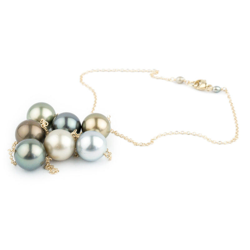 Golden Blue Green Tin-Cup Tahitian Pearl Necklace on 14K Yellow Gold