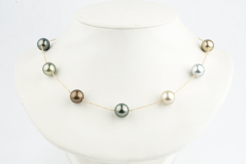 Golden Blue Green Tin-Cup Tahitian Pearl Necklace on 14K Yellow Gold