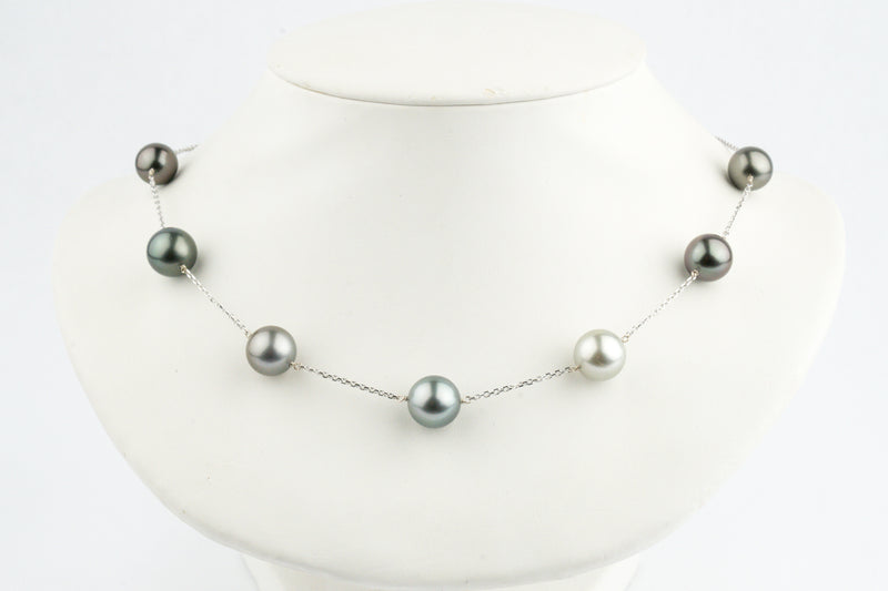 Silvery Blue Purple Tahitian Pearl Tin-Cup Necklace on 14k White Gold