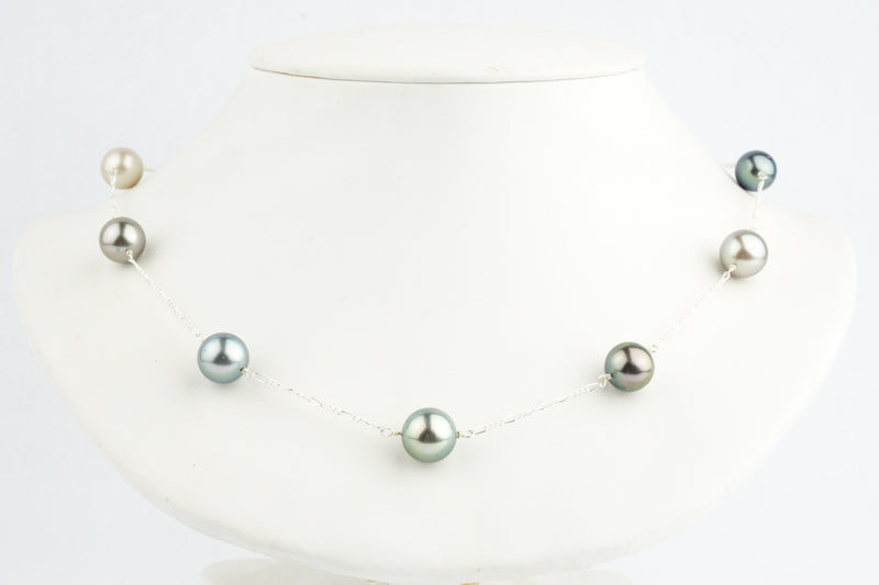 Light Multi-Colored Tin-Cup Tahitian Pearl Necklace on Sterling Silver