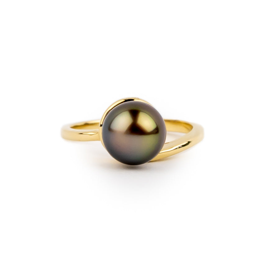 Firefly 8.6mm Tahitian Pearl Swirl Ring on 14k Yellow Gold