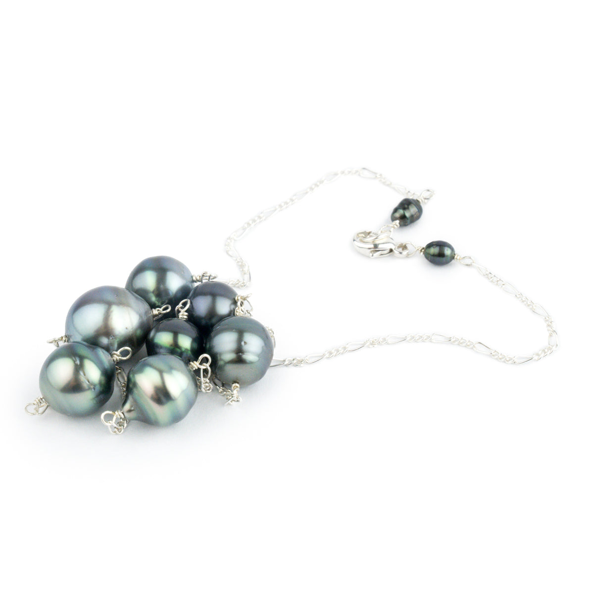 Blue Circled Tin-Cup Tahitian Pearl Necklace on Sterling Silver