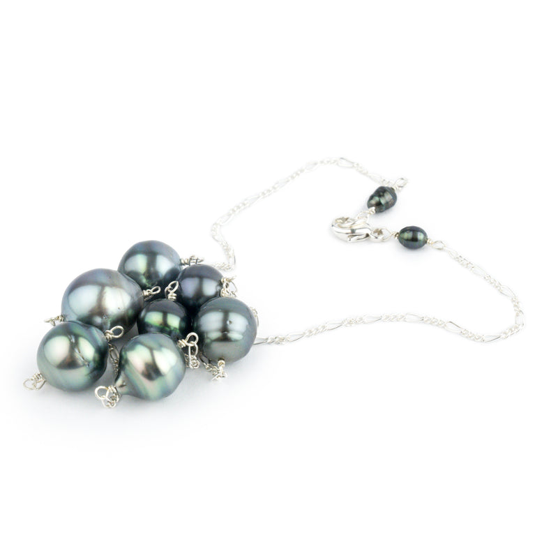 Blue Circled Tin-Cup Tahitian Pearl Necklace on Sterling Silver