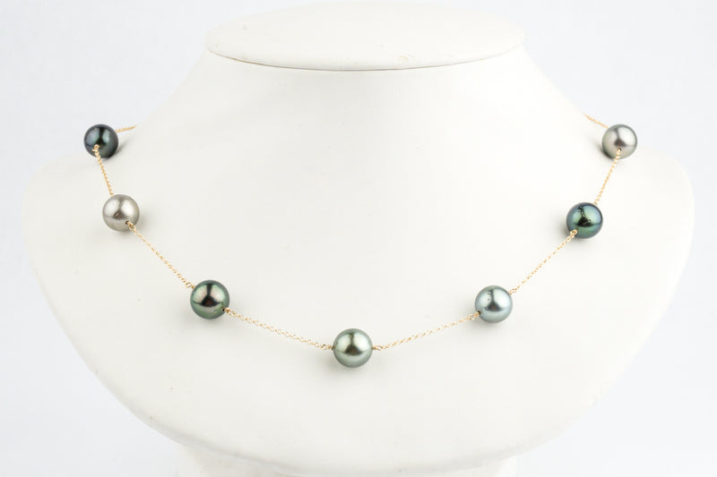 Shimmery Blue Green Tin-Cup Tahitian Pearl Necklace on 14/20 Gold Filled