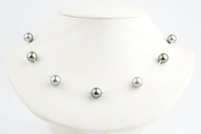 Silvery Light Green Tin-Cup Tahitian Pearl Necklace on Sterling Silver