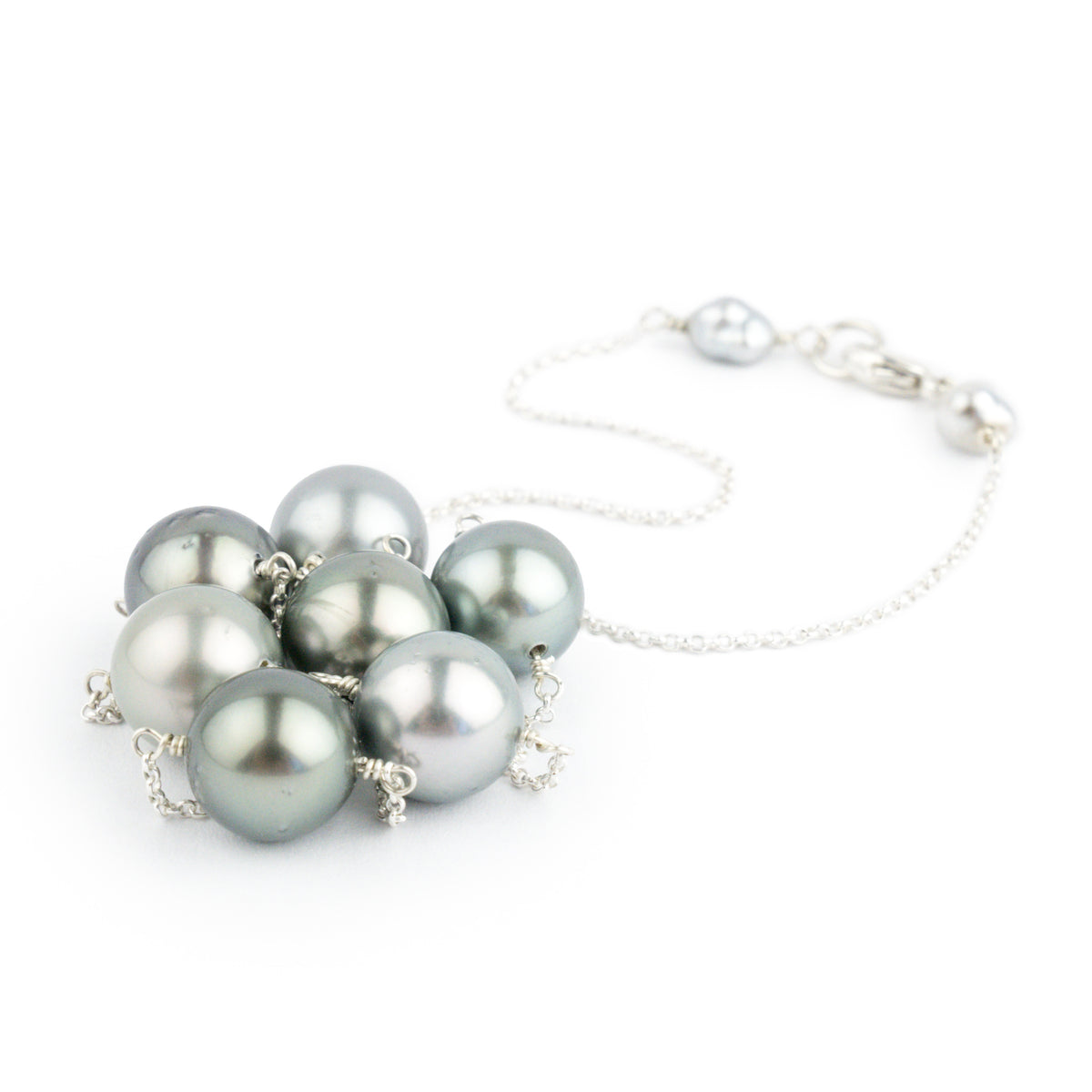 Silvery Light Green Tin-Cup Tahitian Pearl Necklace on Sterling Silver