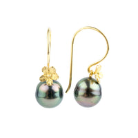 Pink Peacock Circled Tahitian Pearl Hibiscus Hook Earrings