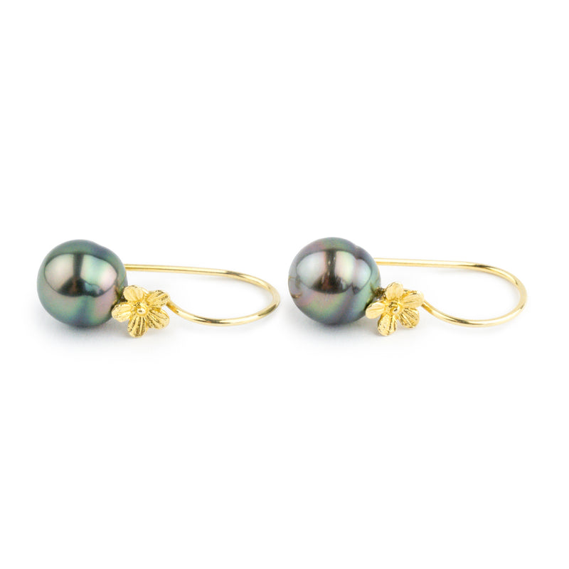 Pink Peacock Circled Tahitian Pearl Hibiscus Hook Earrings