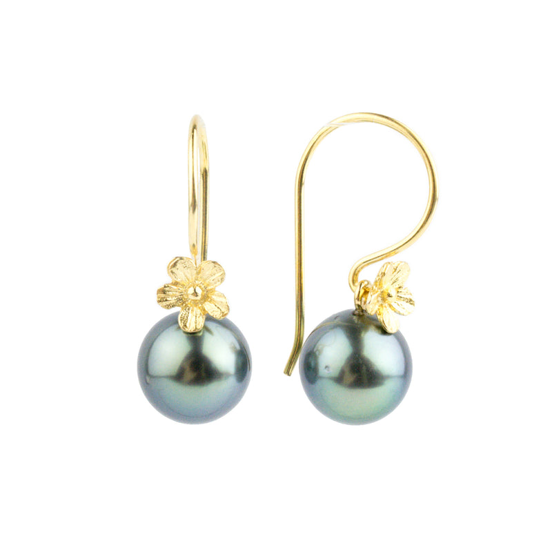 Bright Blue Tahitian Pearl Hibiscus Hook Earrings