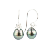 Pink Green Circled Tahitian Pearl Hibiscus Hook Earrings