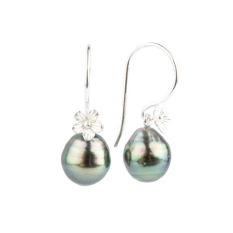 Pink Green Circled Tahitian Pearl Hibiscus Hook Earrings