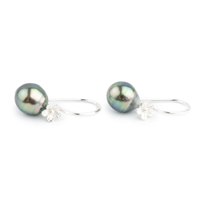 Pink Green Circled Tahitian Pearl Hibiscus Hook Earrings
