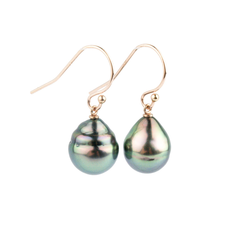Flashy Peacock Drop Tahitian Pearl Dangle Earrings on 14K Rose Gold