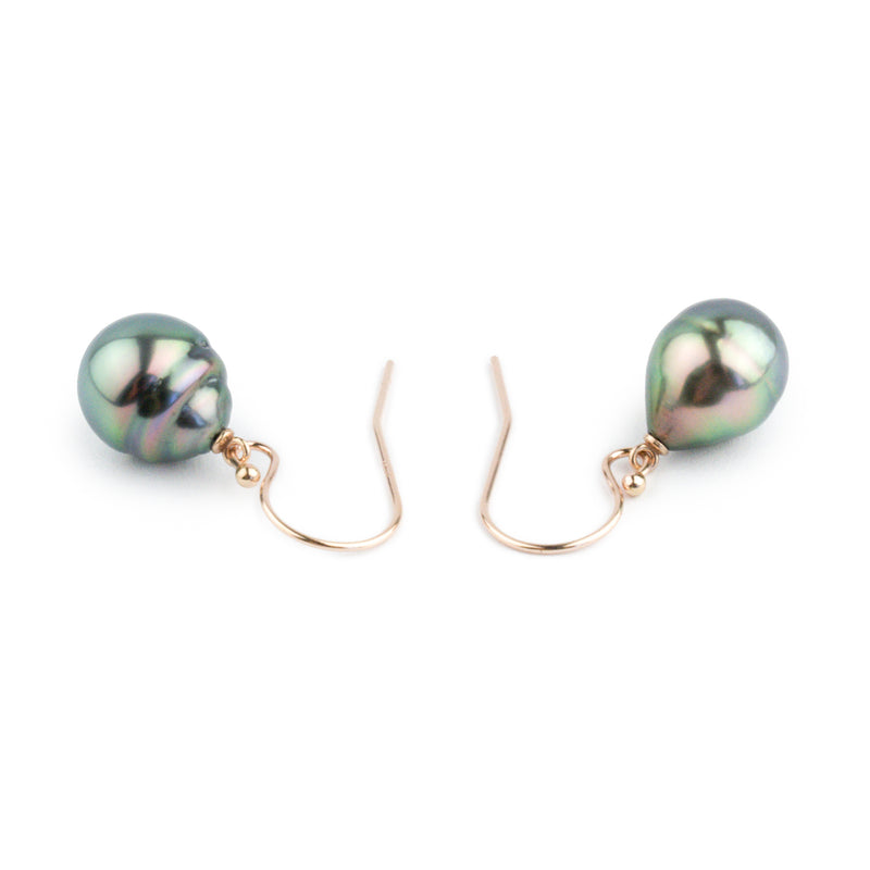 Flashy Peacock Drop Tahitian Pearl Dangle Earrings on 14K Rose Gold