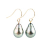 Light Peacock Green Drop Tahitian Pearl Dangle Earrings on 14K Yellow Gold