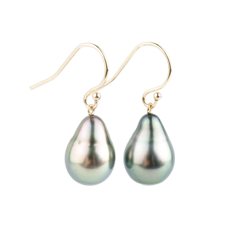 Light Peacock Green Drop Tahitian Pearl Dangle Earrings on 14K Yellow Gold