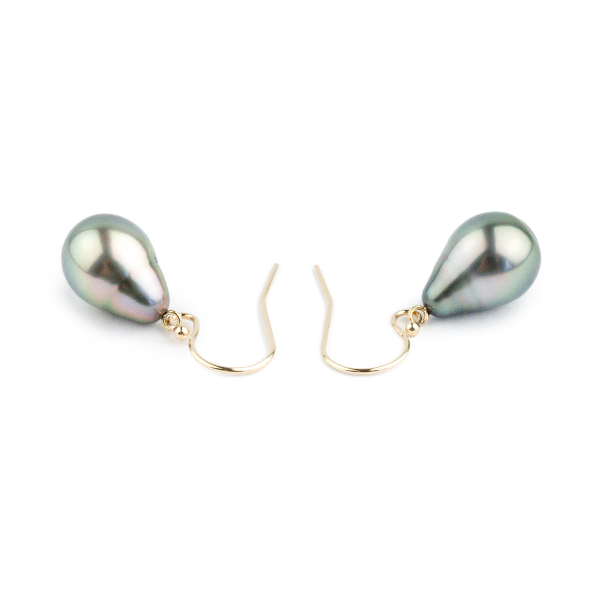 Light Peacock Green Drop Tahitian Pearl Dangle Earrings on 14K Yellow Gold