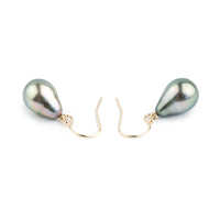 Light Peacock Green Drop Tahitian Pearl Dangle Earrings on 14K Yellow Gold