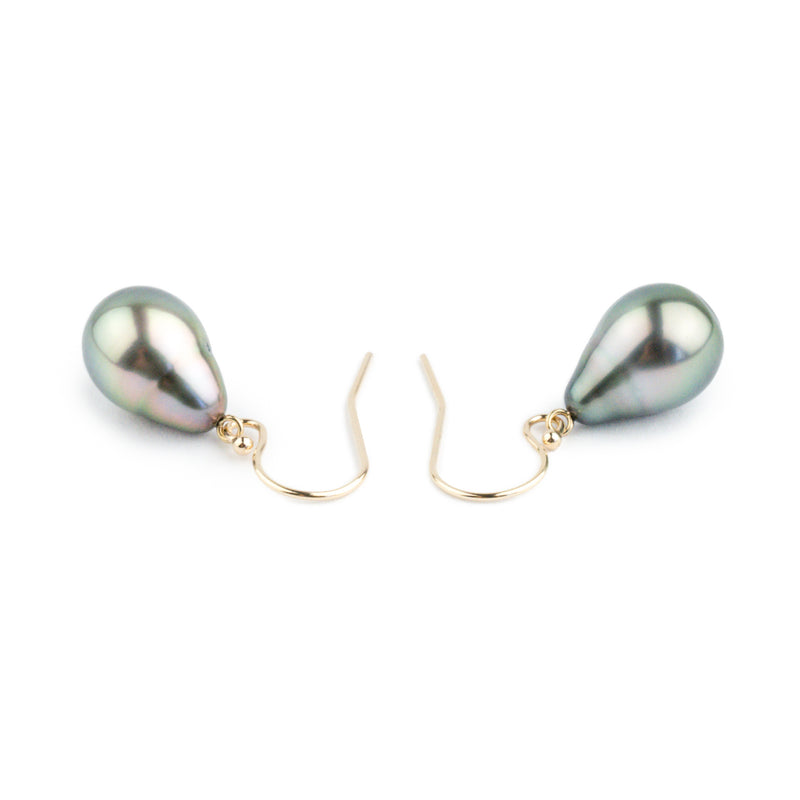 Light Peacock Green Drop Tahitian Pearl Dangle Earrings on 14K Yellow Gold