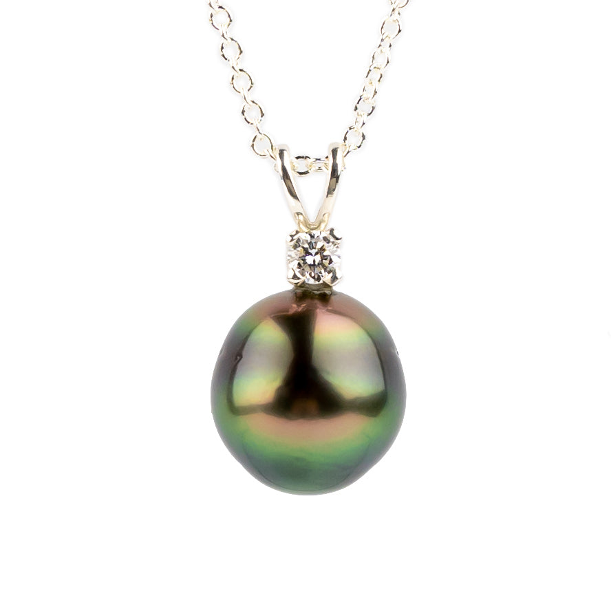 Tahitian Pearl & Diamond Vibrant Peacock Étoile Necklace on Sterling Silver