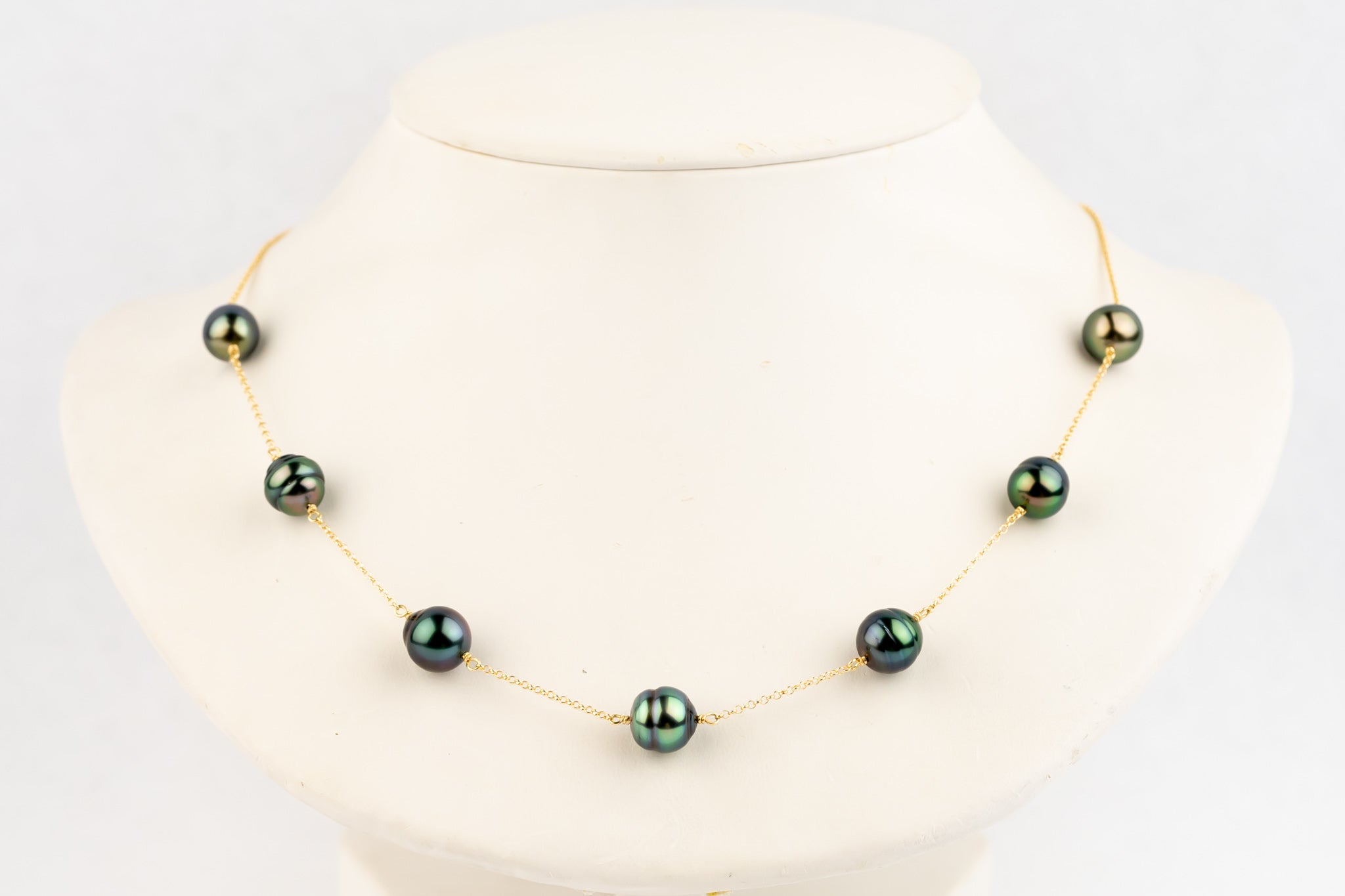 Flashy Indigo Green Tin-Cup Tahitian Pearl Necklace on 14/20 Gold Filled