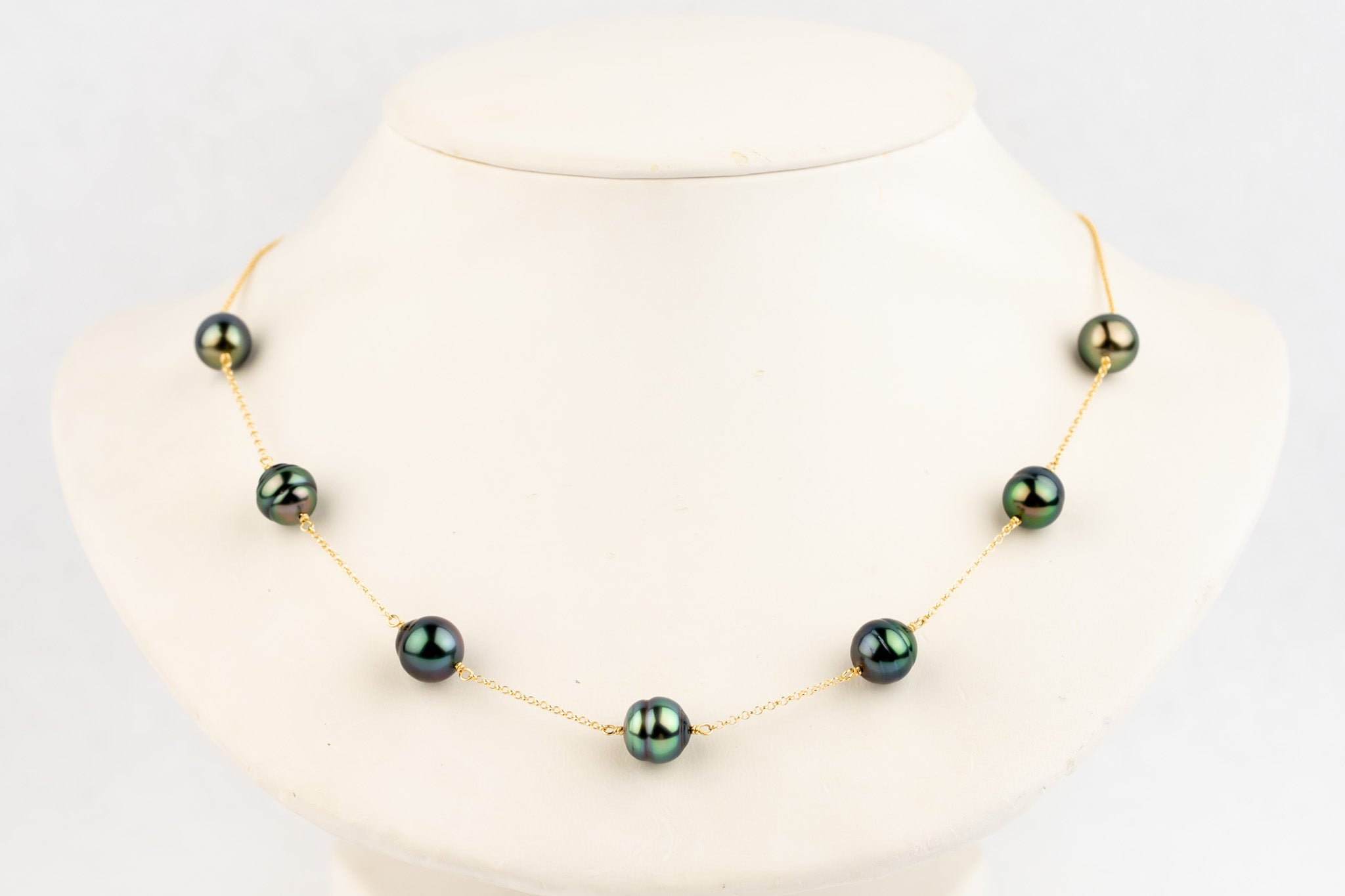 Flashy Indigo Green Tin-Cup Tahitian Pearl Necklace on 14/20 Gold Filled