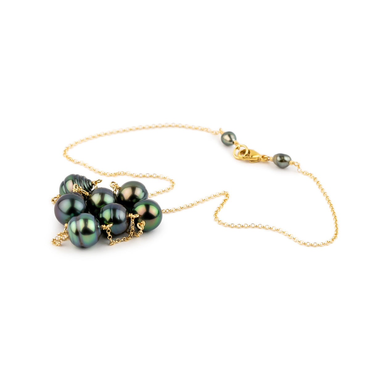 Flashy Indigo Green Tin-Cup Tahitian Pearl Necklace on 14/20 Gold Filled