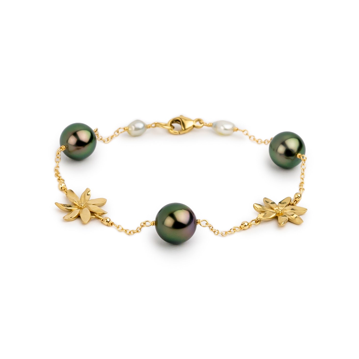 Gorgeous Greens Tiaré Tahitian Pearl Tin Cup Bracelet on 14k Yellow Gold
