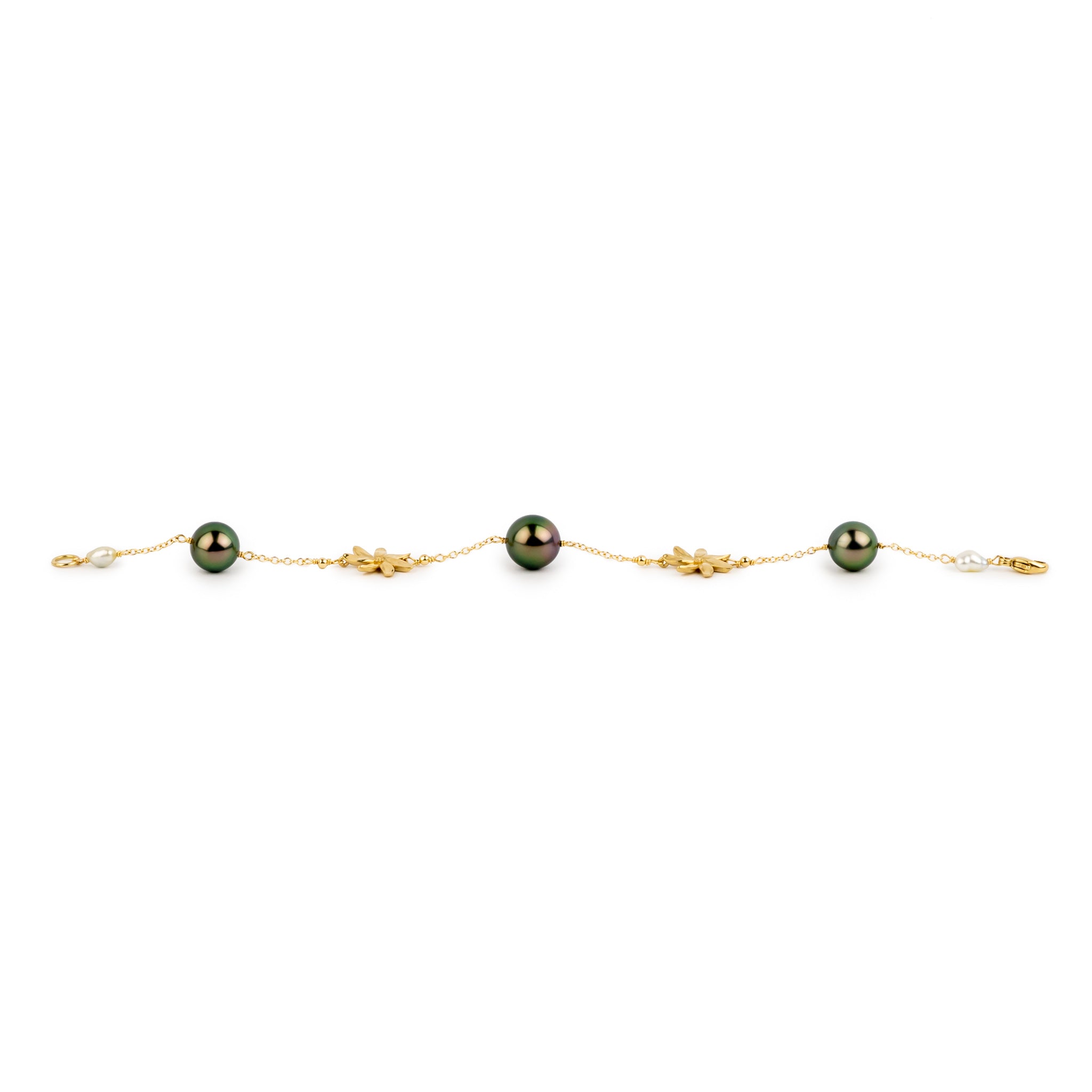 Gorgeous Greens Tiaré Tahitian Pearl Tin Cup Bracelet on 14k Yellow Gold