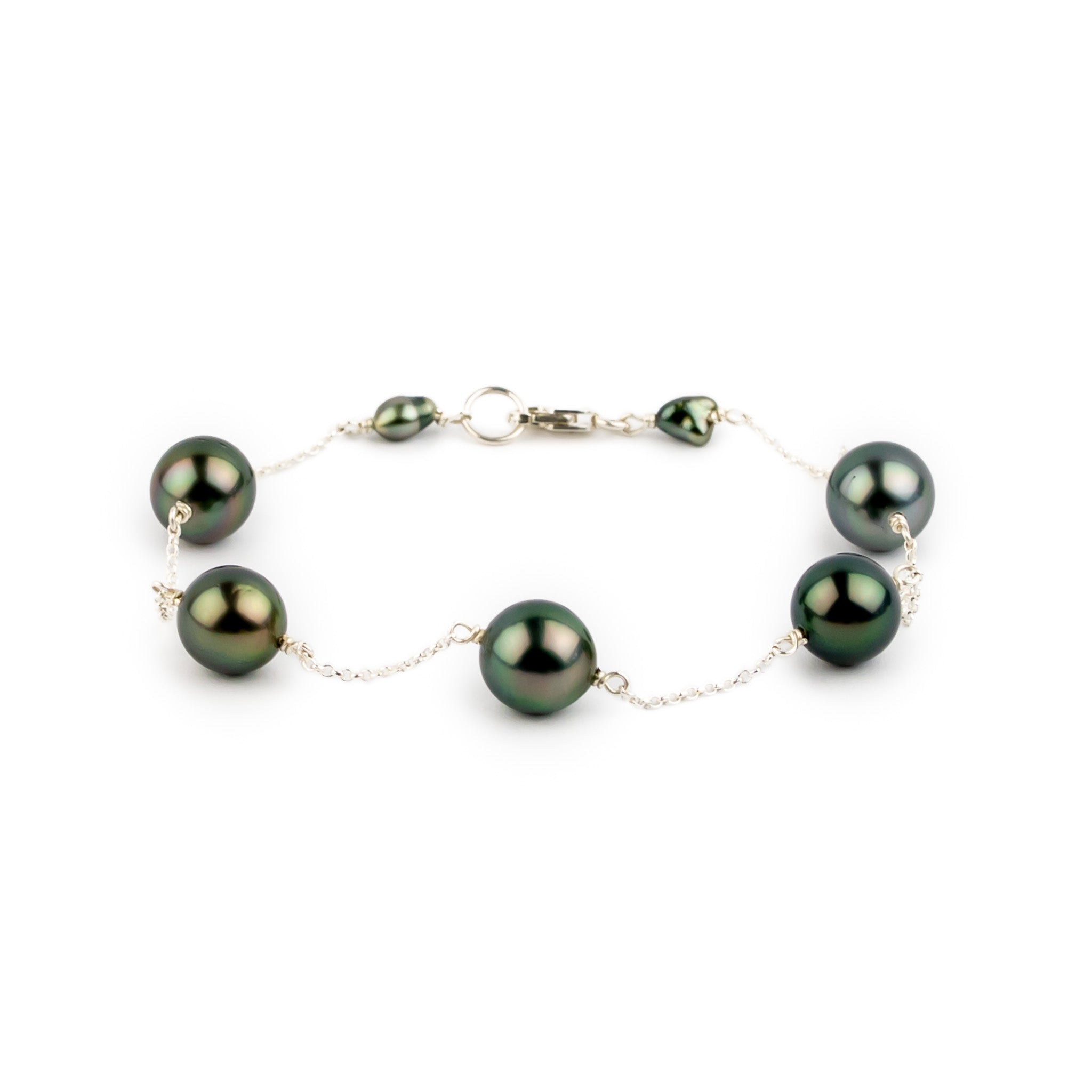 Dusky Green Flash Tahitian Pearl Tin Cup Bracelet on Sterling Silver