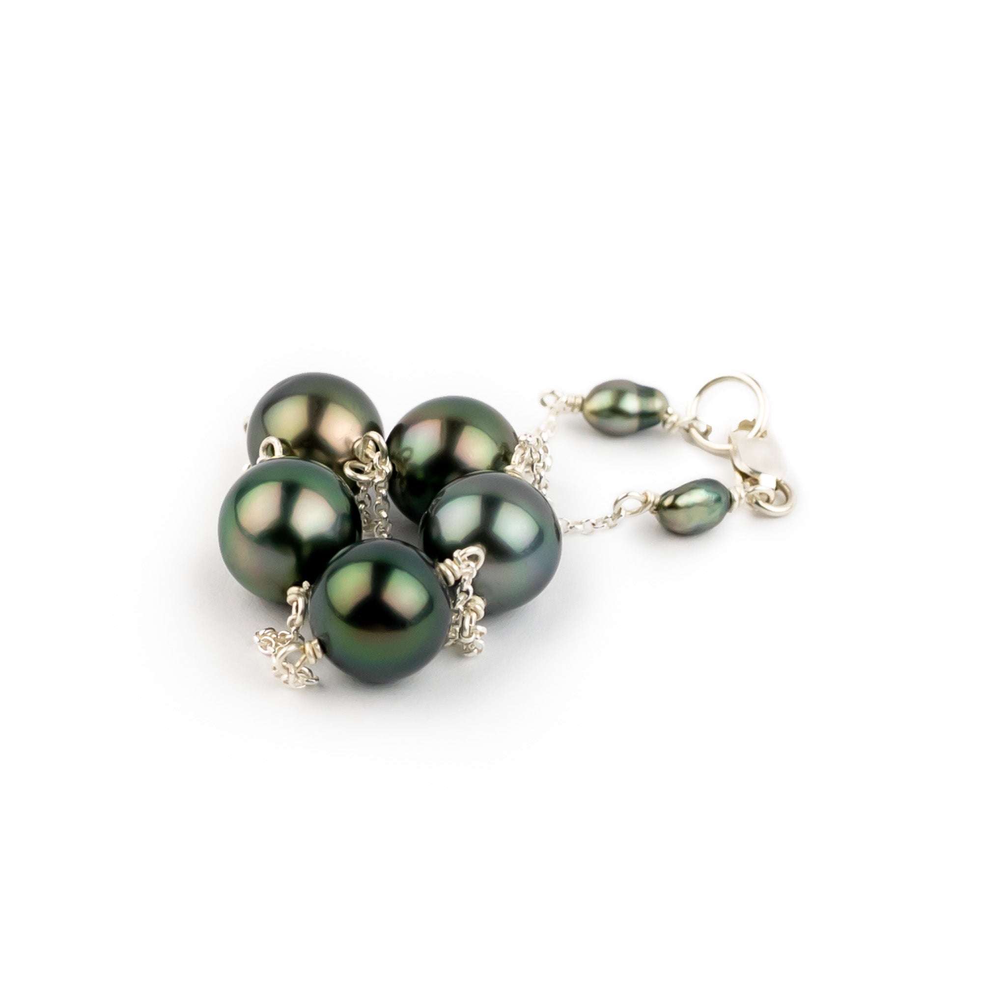 Dusky Green Flash Tahitian Pearl Tin Cup Bracelet on Sterling Silver