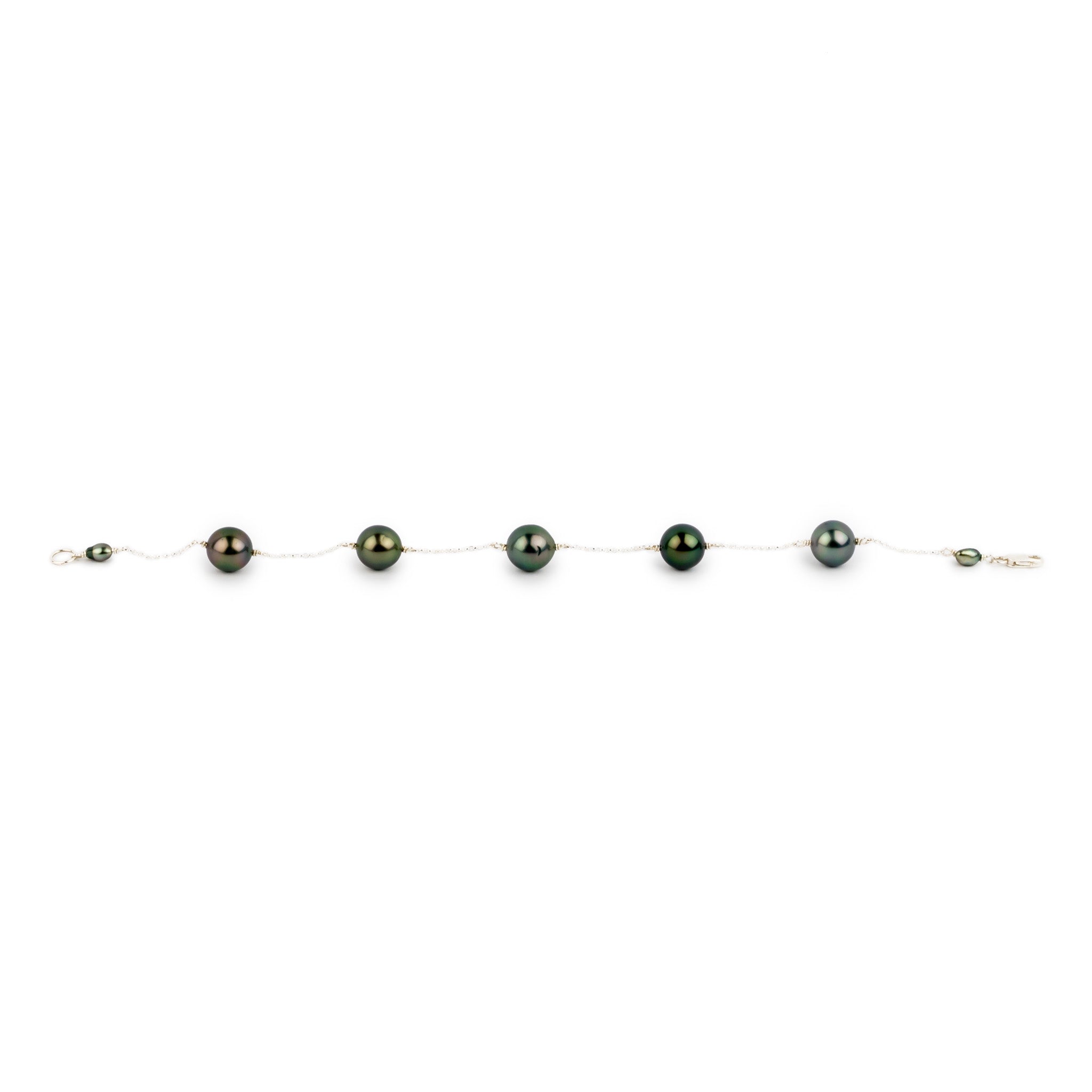 Dusky Green Flash Tahitian Pearl Tin Cup Bracelet on Sterling Silver