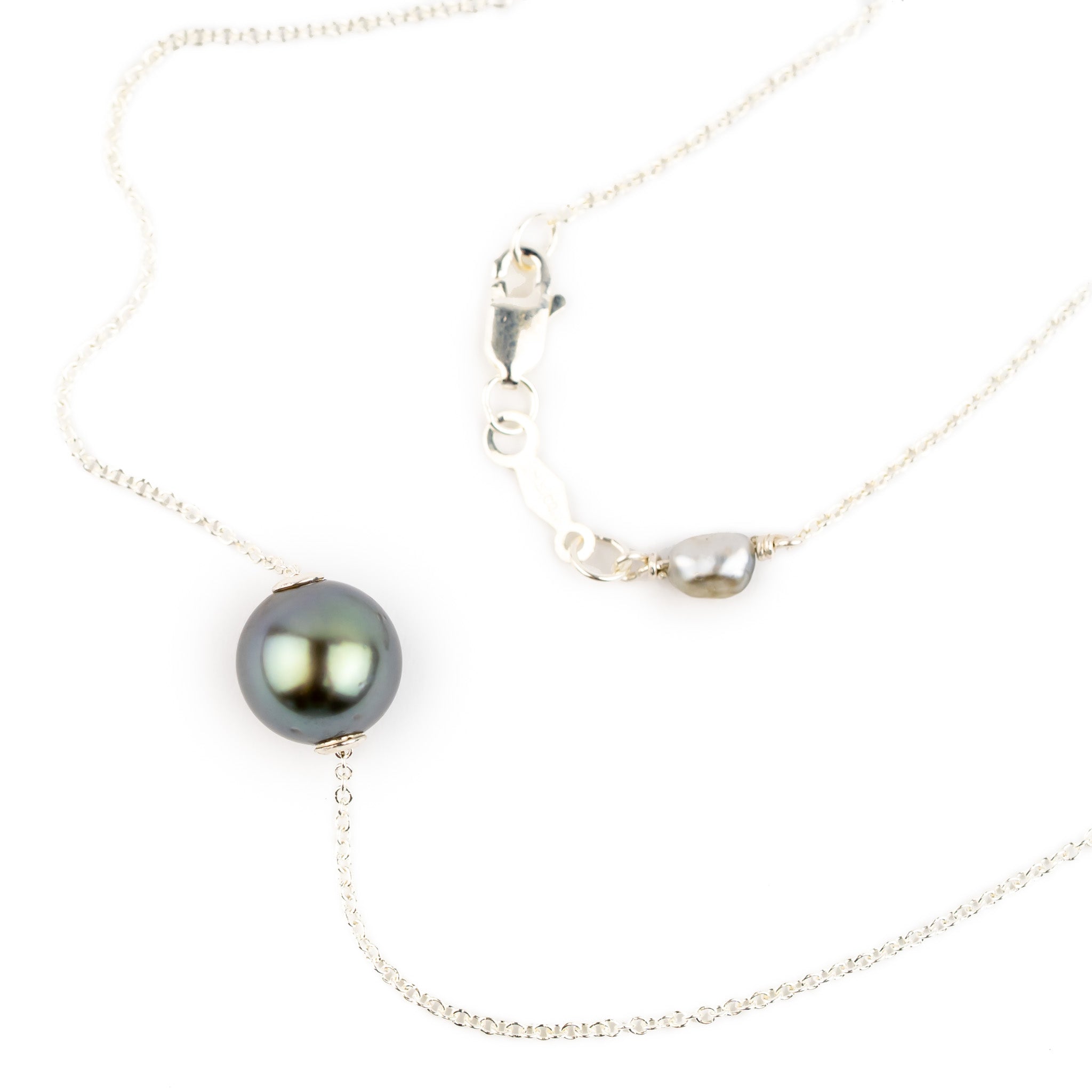 Pale Blue Green 9mm Tahitian Pearl Solitaire Necklace on Sterling Silver