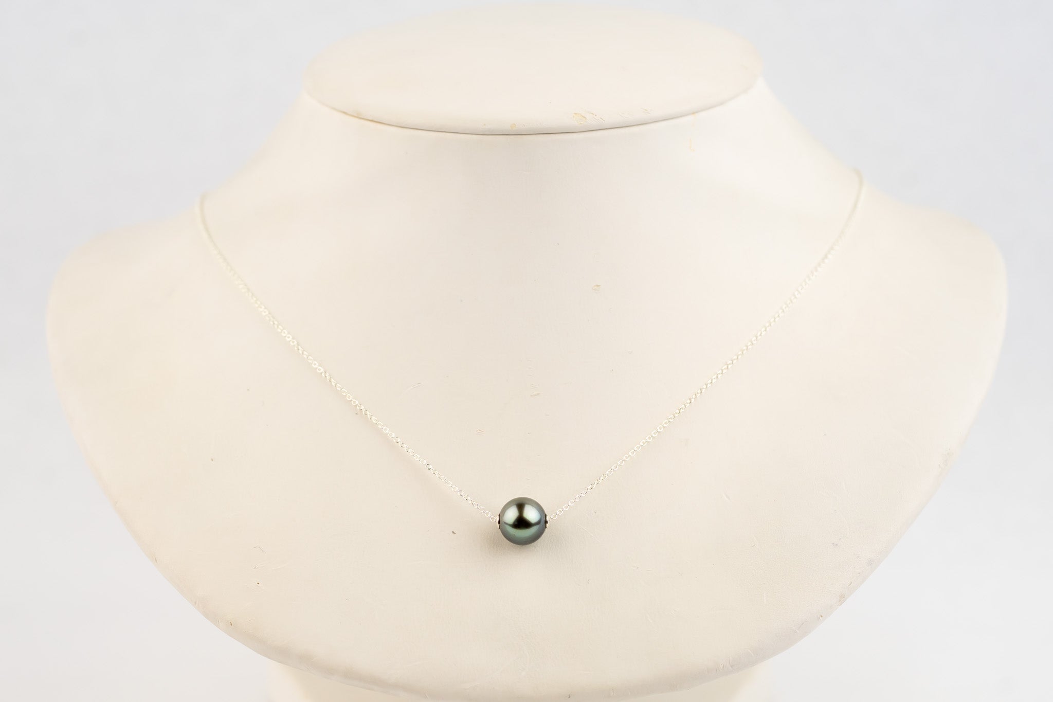 Pale Blue Green 9mm Tahitian Pearl Solitaire Necklace on Sterling Silver
