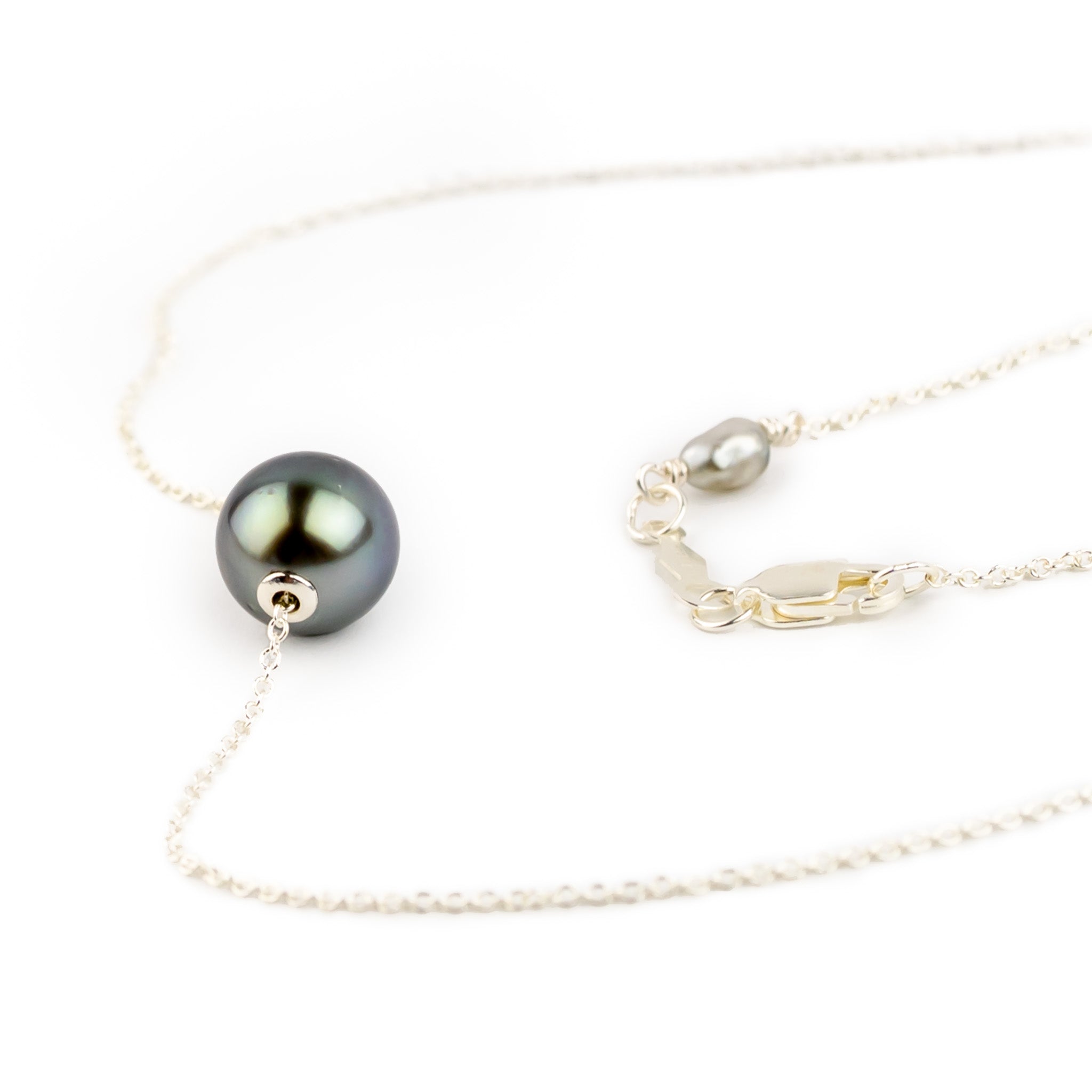 Pale Blue Green 9mm Tahitian Pearl Solitaire Necklace on Sterling Silver