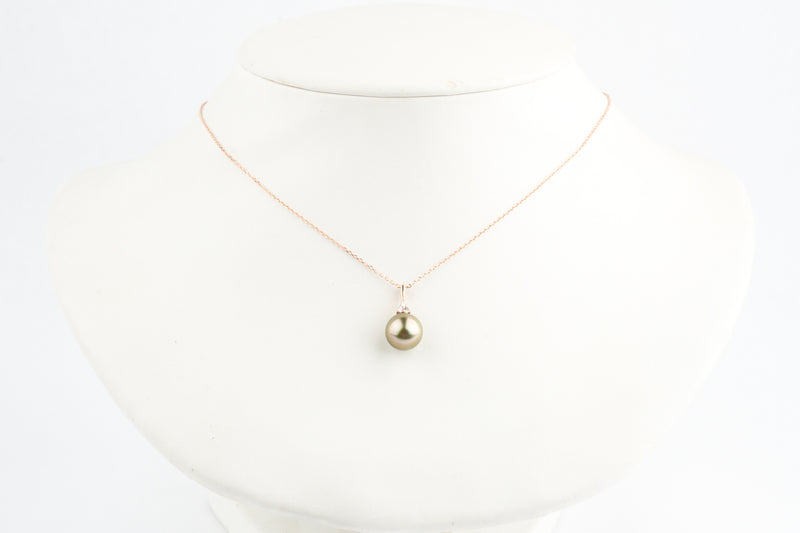 Golden Pink Green Tahitian Pearl & Diamond Toru Necklace on 14K Rose Gold