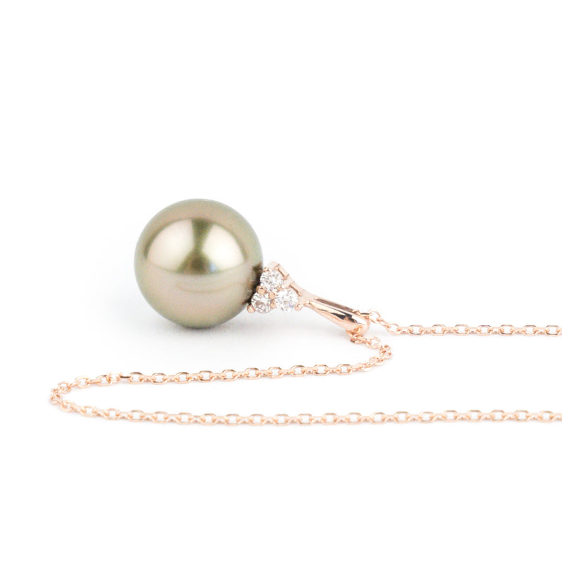 Golden Pink Green Tahitian Pearl & Diamond Toru Necklace on 14K Rose Gold