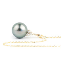 Light Blue Green Tahitian Pearl & Diamond Toru Necklace on 14K Yellow Gold
