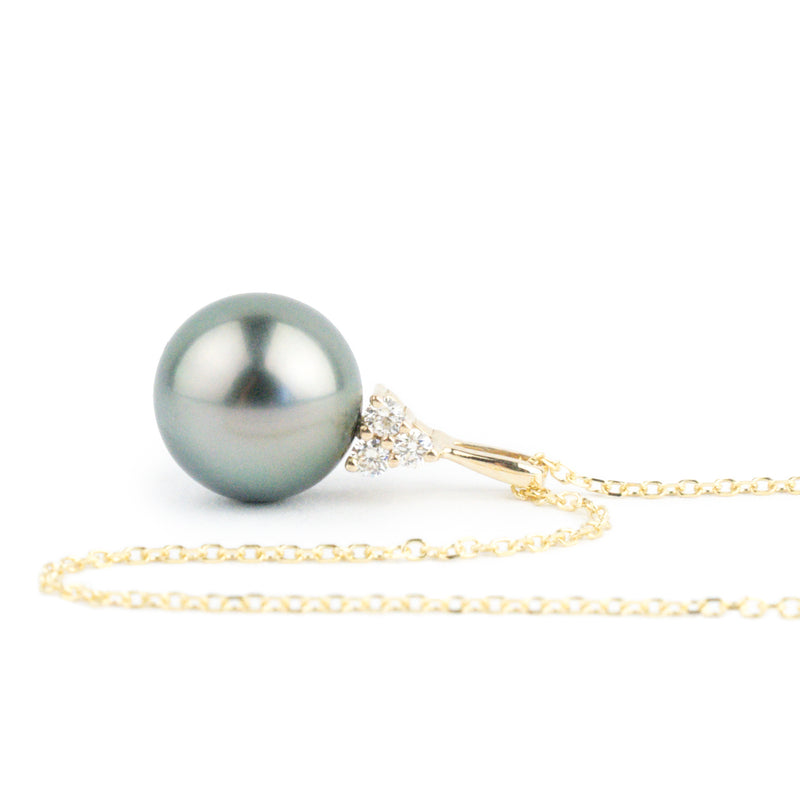 Light Blue Green Tahitian Pearl & Diamond Toru Necklace on 14K Yellow Gold